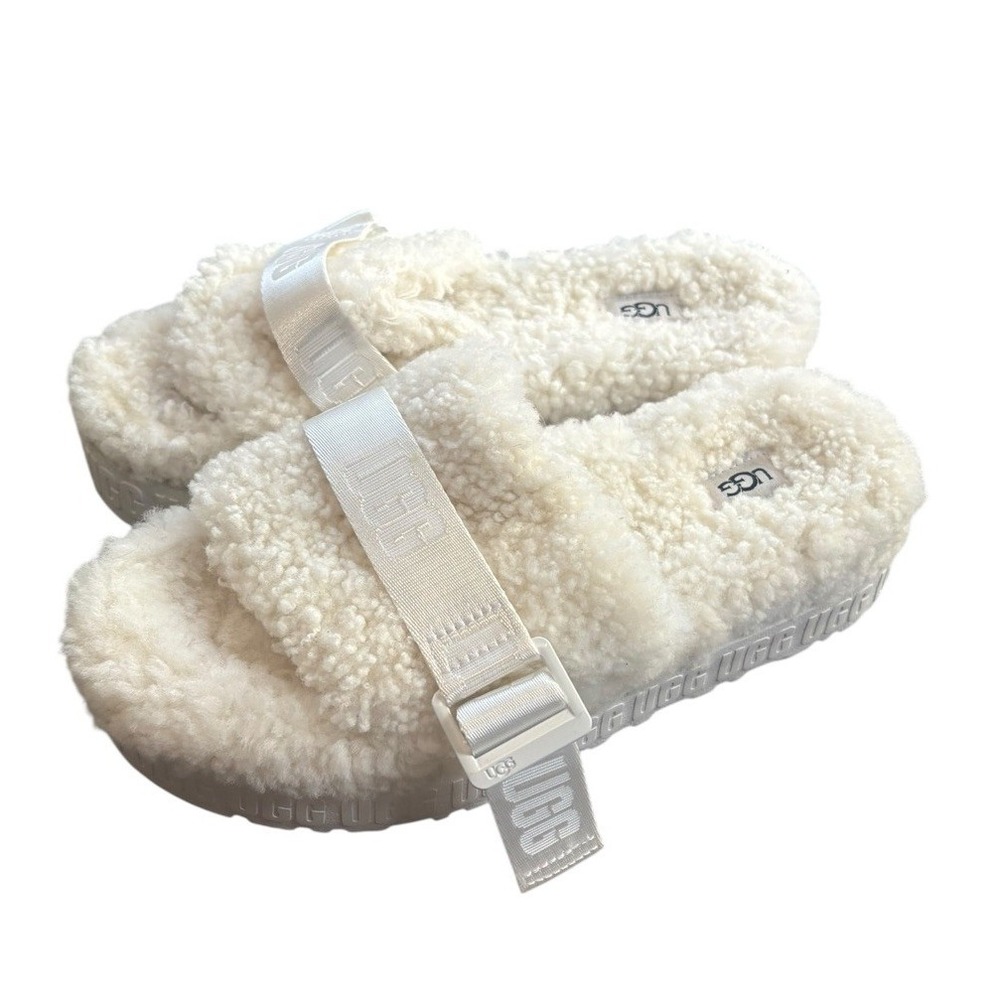 UGG White Sherpa Fluff Slide Sandals with Adjustable Strap